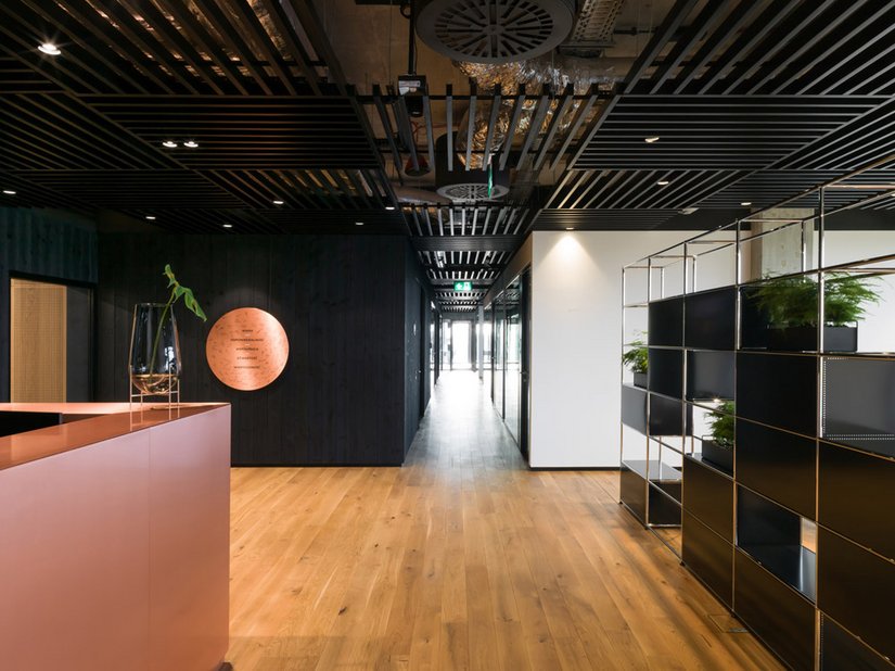 Zwart en wit zijn de dominante kleuren van de wand- en plafondoppervlakken op deze etage.