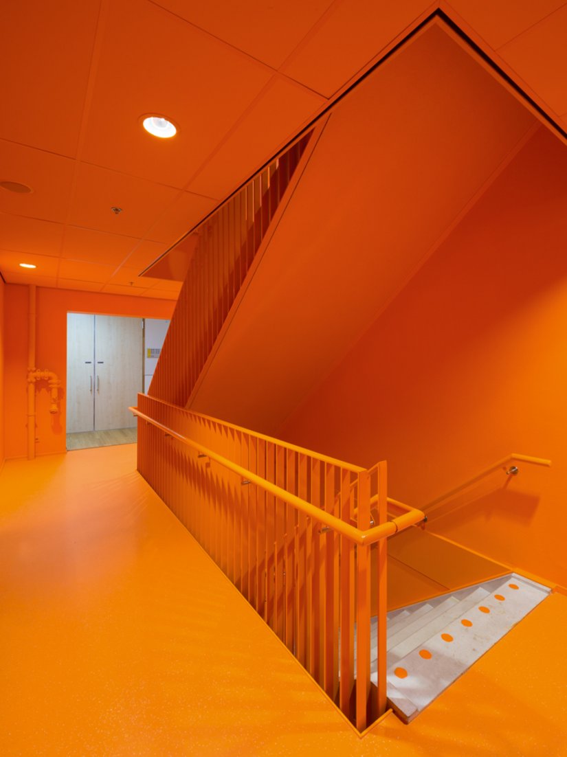 Ondergedompeld in kleur: intense bonte kleuren helpen de studenten zich te oriënteren en versterken de vereenzelviging met de architectuur.