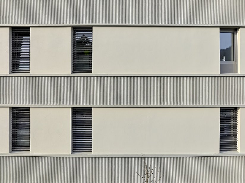 Verticale tegels en met kamtrektechniek gestructureerde pleisterbanden met Mineraal-Pleister G 3679 creëren een spannende gevelvormgeving, die oud en nieuw perfect met elkaar verbindt